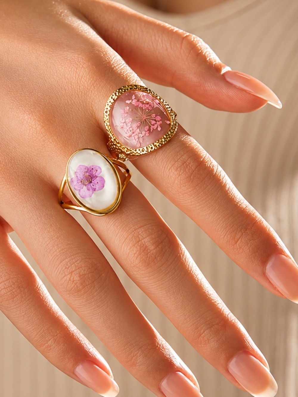 Gold Floral Pink Resin Statement Ring - Women Jewelry